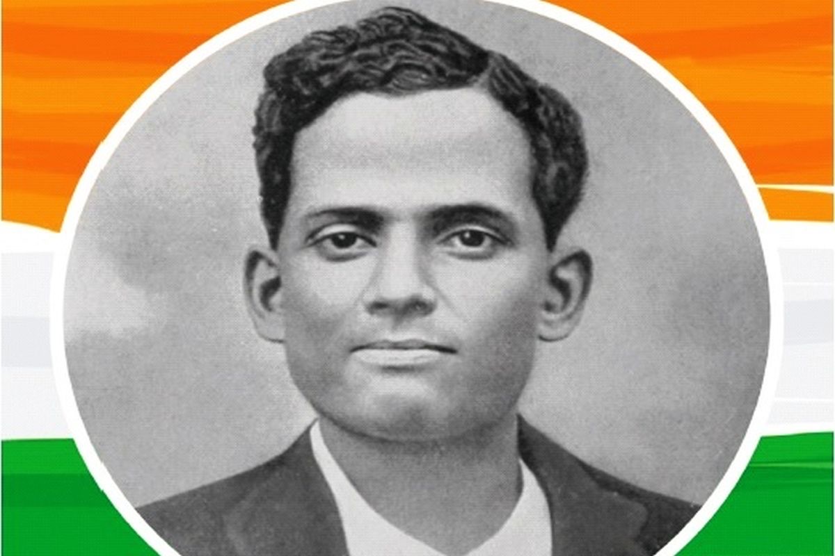 A widely reproduced photographic portrait of Jatindra Nath Das in a dark jacket, presented within a circular frame against the Indian tricolour.