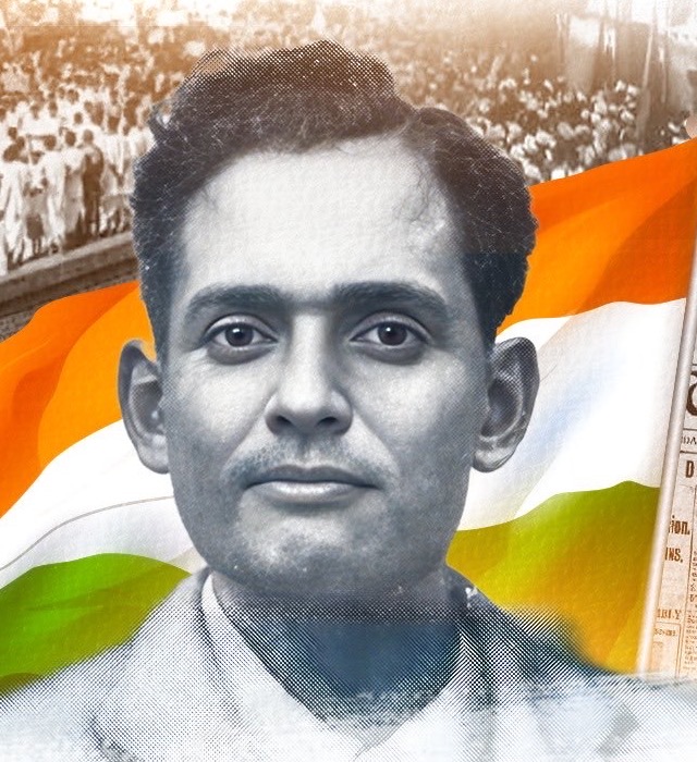 A halftone-screened portrait of Jatindra Nath Das, facing the camera, shown against a soft background.